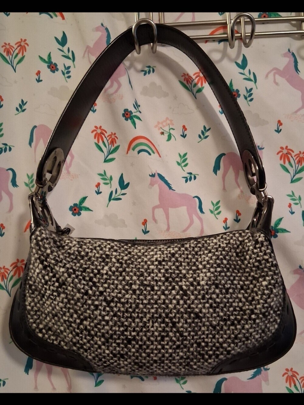 EUC RARE Y2K Escada Black & White Monochrome Tweed Mini Baguette Purse Bag